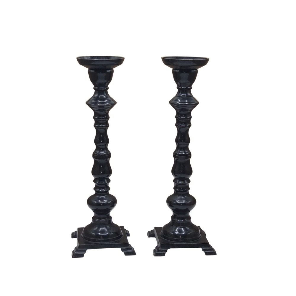 Set of 2 Vintage 10.5" Tall Solid Heavy Metal Candle Holders Black Candlestick